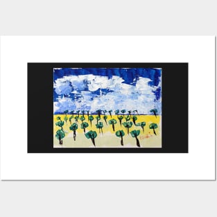 Trees on Yellow Grass - Acrylic Posters and Art